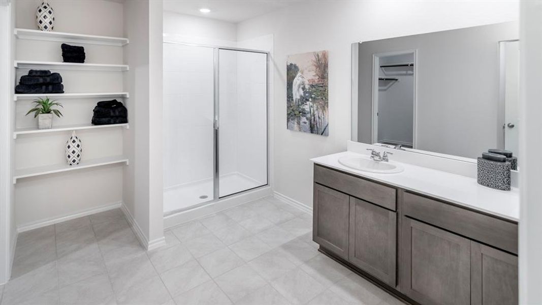 Bathroom with a walk in closet, vanity, a shower stall, and light tile patterned floors