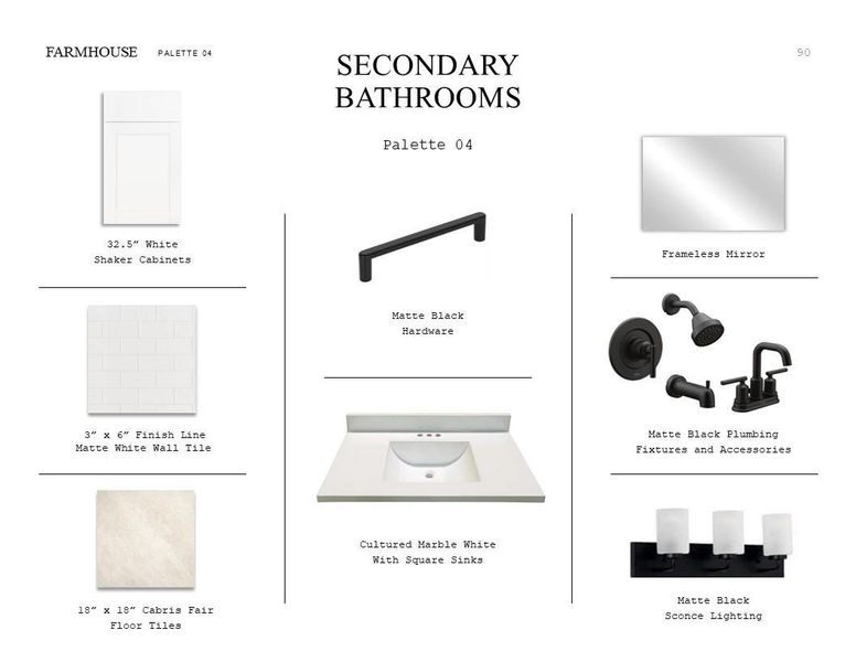 Farmhouse Look Palette 4: Secondary Bathroom Selection Sheet (*Artist rendering used for illustration purposes only.)