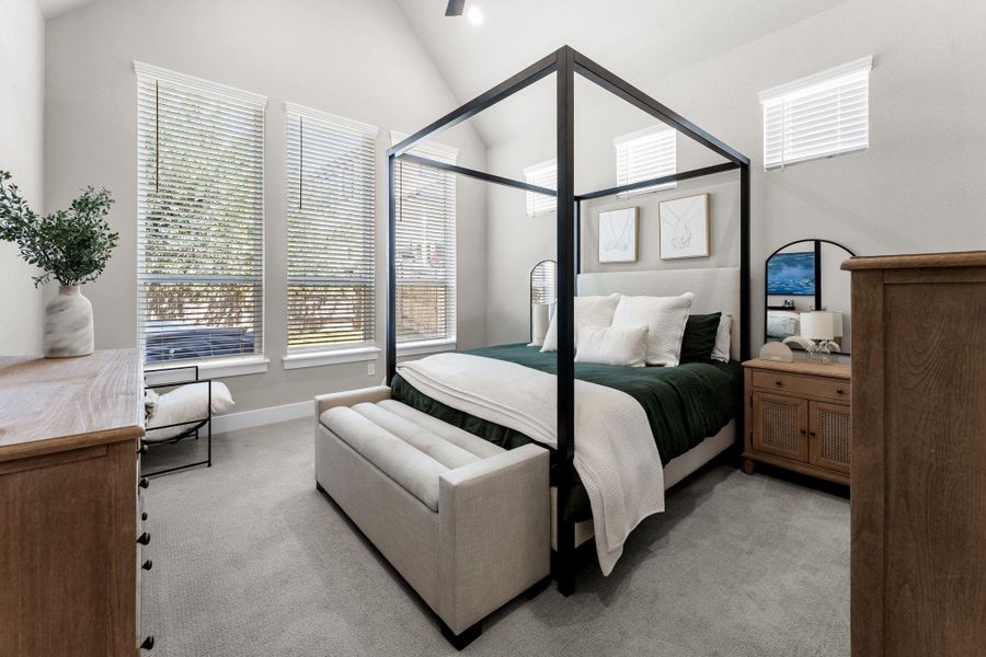 Vaulted ceiling bedroom featuring plush gray carpeting, multiple windows with blinds, and white painted walls