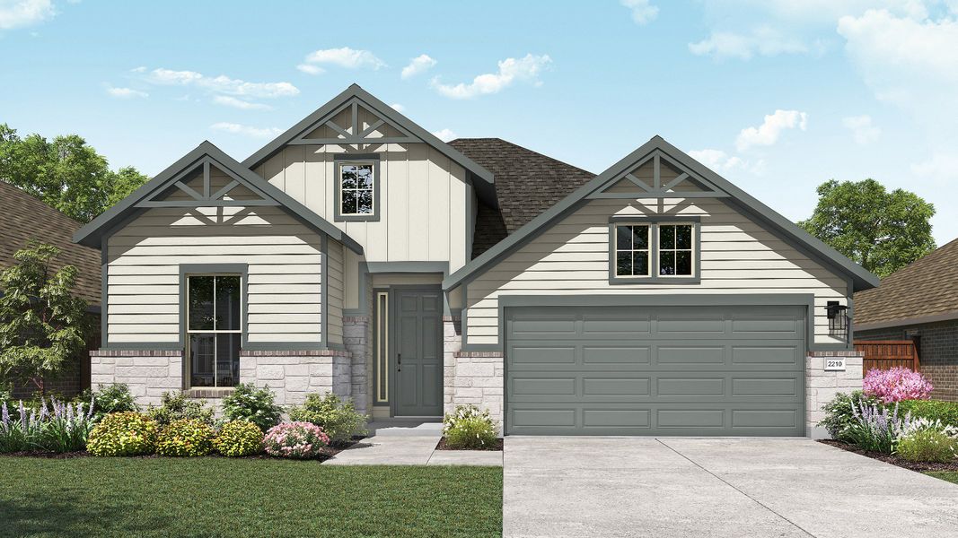Representative exterior photo of a completed home built from the Oleander by DRB Homes in Whisper South, San Marcos, TX (Image 5). Representative exterior photo of a completed home built from the Oleander by DRB Homes in Whisper South, San Marcos, TX (Image 5).