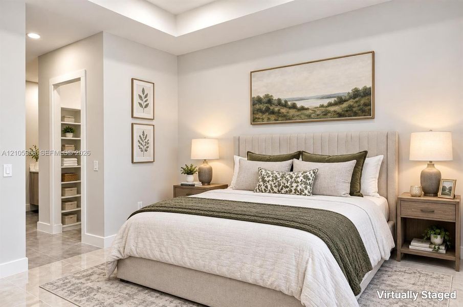 Tray ceiling, recessed lighting, and built-in shelving unit