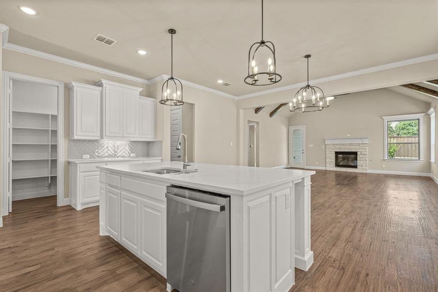 Kitchen with stainless steel dishwasher, a stone fireplace, a kitchen island with sink, wood-type flooring, and sink