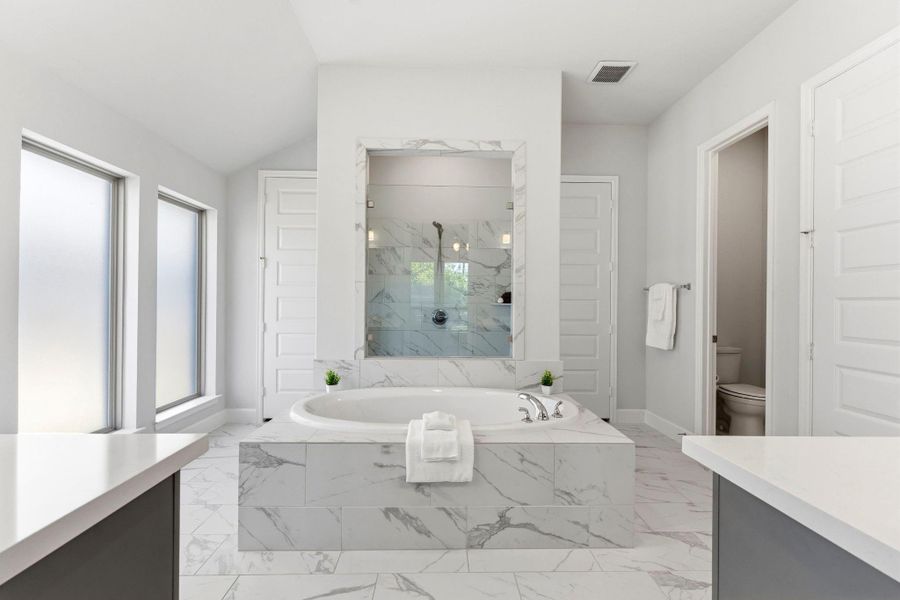 Primary Ensuite Bathroom w/ Gorgeously Appointed Soaking Tub, Massive Tiled and Glass Mud Set Shower and Dual Closets and Vanities! Come Relax! Primary Ensuite Bathroom w/ Gorgeously Appointed Soaking Tub, Massive Tiled and Glass Mud Set Shower and Dual Closets and Vanities! Come Relax!