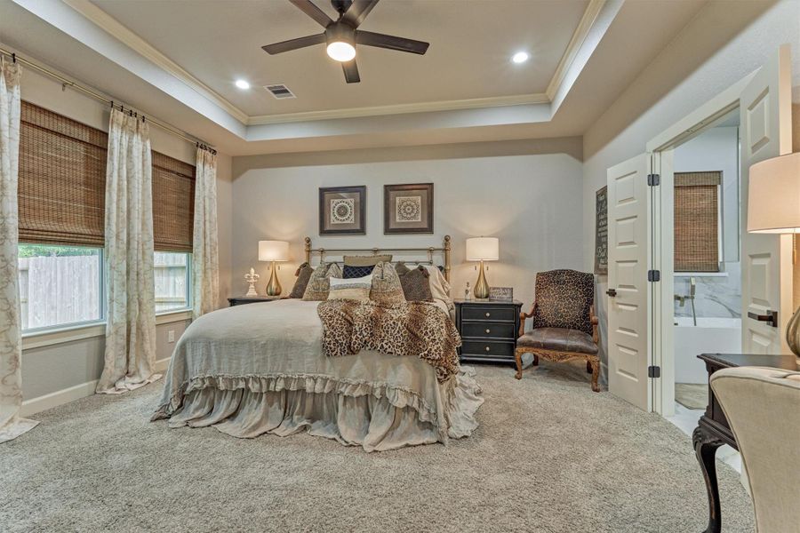 Luxurious primary suite showcasing a tray ceiling, expansive layout, and an abundant of natural light. Luxurious primary suite showcasing a tray ceiling, expansive layout, and an abundant of natural light.