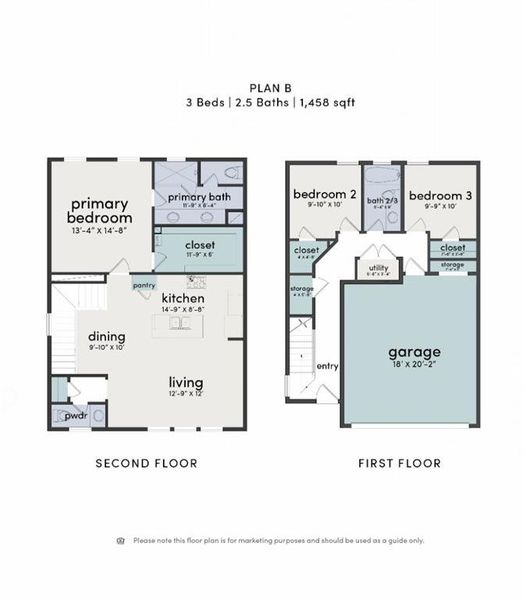 Floor plan B offers 2 bedrooms down with the primary and living space upstairs.