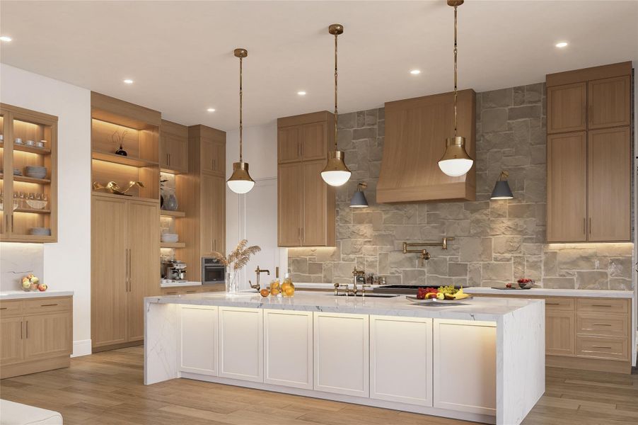 A true culinary centerpiece, this kitchen reveals a palette of warm woods, veined stone, and elegant brass fixtures. The oversized island offers both workspace and seating potential, while tailored cabinetry and thoughtful lighting elevate the environment for everything from gourmet prep to casual conversation. Thermador applicance package and Kosher kitchen.
