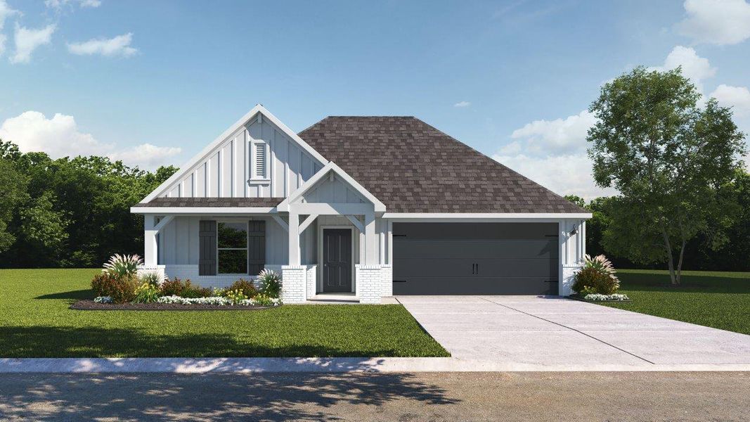 Front exterior of a new home in Pleasant Hill, Bryan, TX, highlighting curb appeal (Image 1).