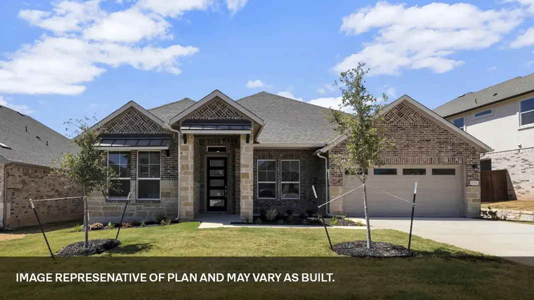 Front exterior of a new home in Rosenbusch Ranch, Leander, TX, highlighting curb appeal (Image 1). Front exterior of a new home in Rosenbusch Ranch, Leander, TX, highlighting curb appeal (Image 1).