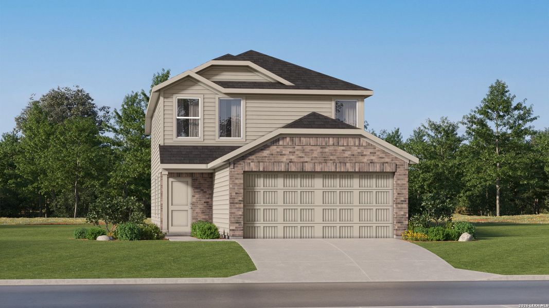 Front exterior of a new home in Stone Garden, Elmendorf, TX, highlighting curb appeal (Image 20).