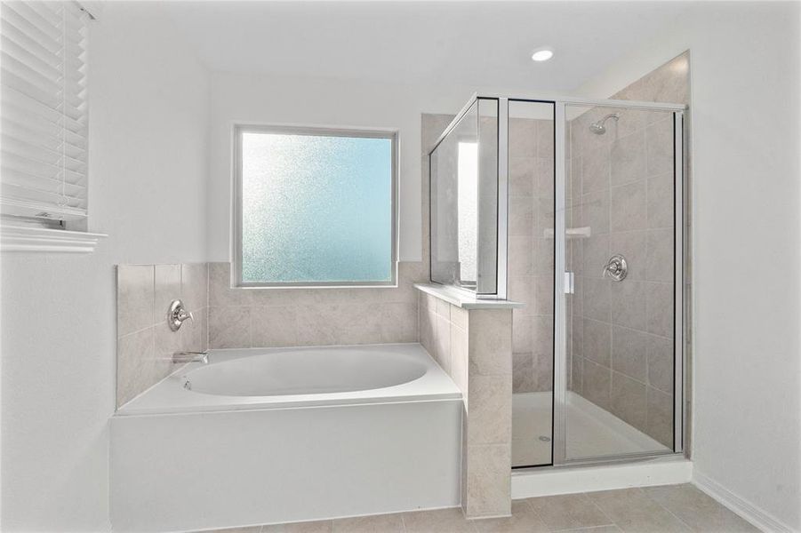 Another view of the primary bathroom featuring the walk-in shower with tile surround and separate garden tub with custom tiling detailing.