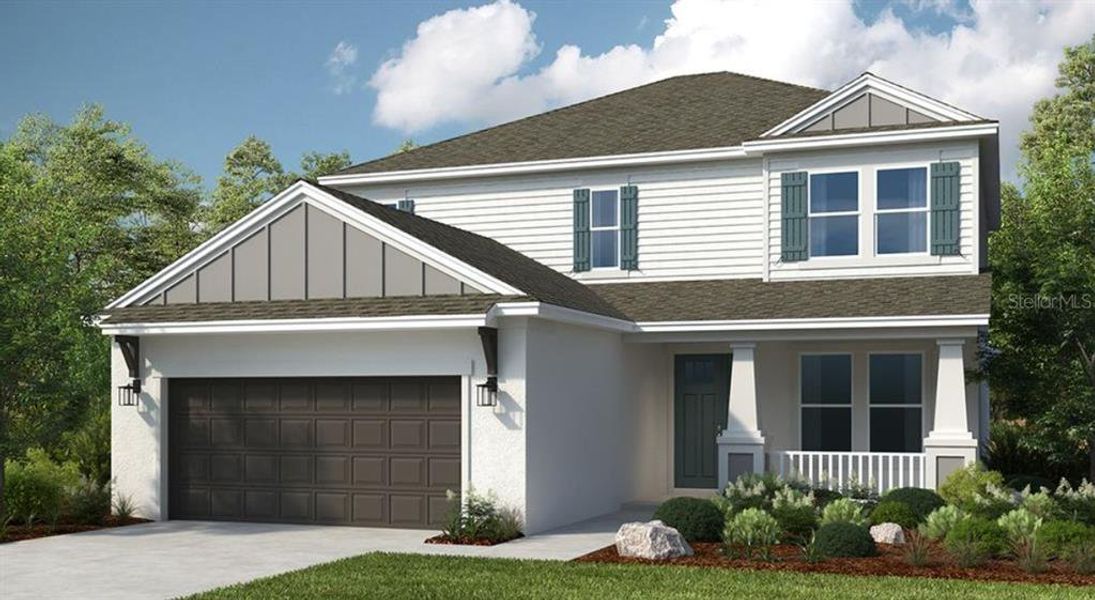 Front exterior of a new home in Palms at Coasterra, Palmetto, FL, highlighting curb appeal (Image 1).