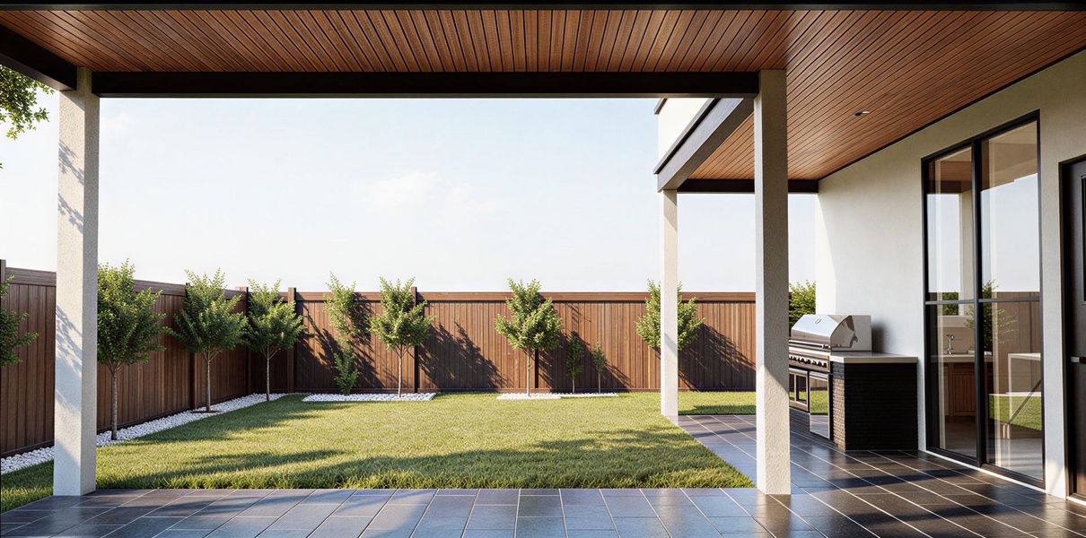 Rendering: Backyard with covered patio, summer kitchen, and wood ceiling feature