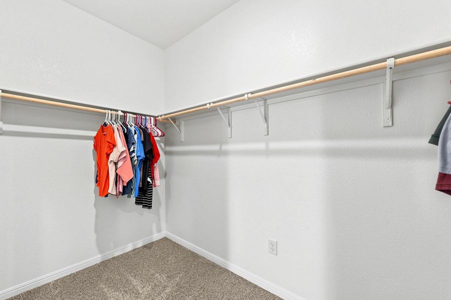 Ample hanging rods line the walls of this carpeted walk-in closet.