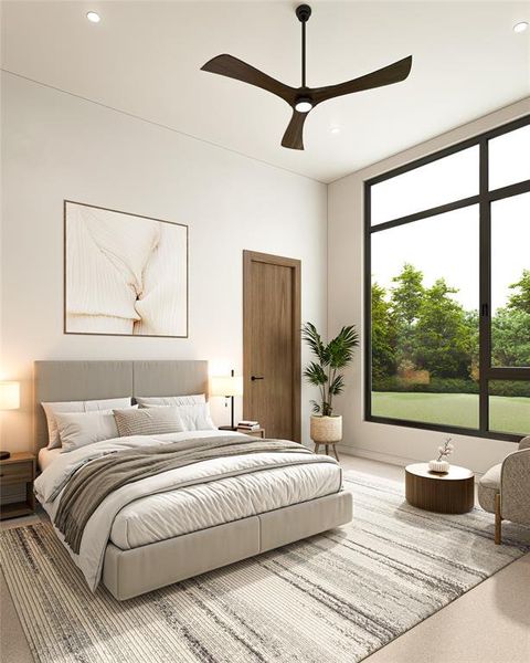 High ceilings featuring recessed lighting and a contemporary ceiling fan