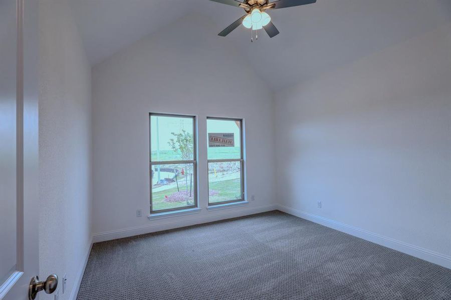 Empty room featuring carpet flooring, a ceiling fan, lofted ceiling, and baseboards