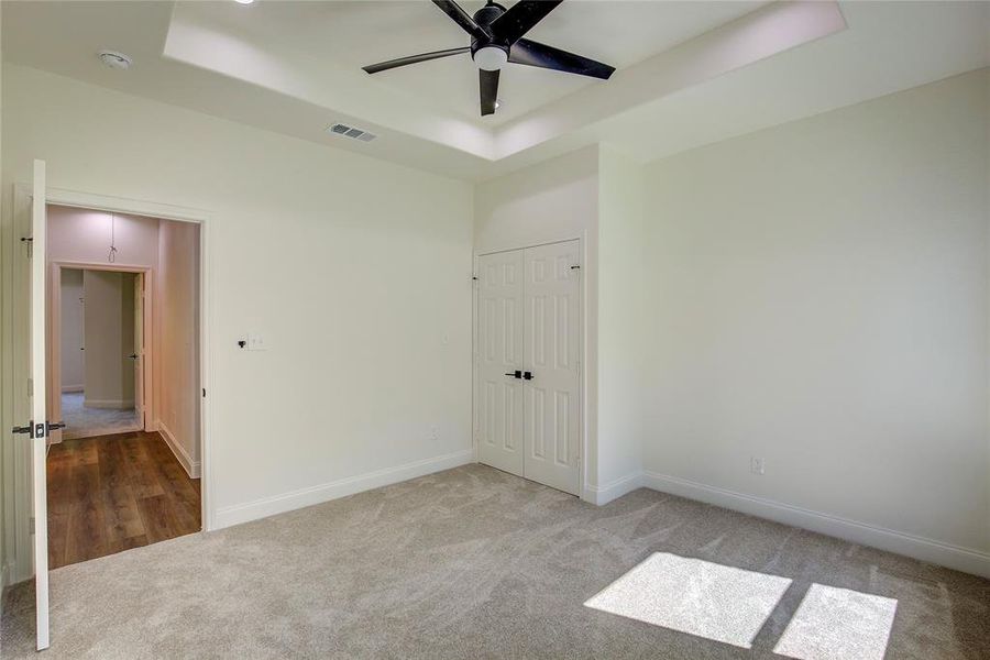 Unfurnished bedroom featuring a raised ceiling, carpet, a closet, and a ceiling fan Unfurnished bedroom featuring a raised ceiling, carpet, a closet, and a ceiling fan