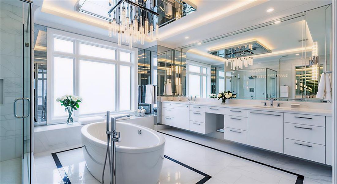 Bathroom featuring a marble finish shower, a soaking tub, double vanity, a chandelier, and inlaid floor details