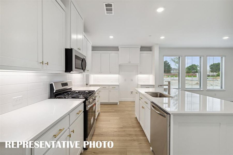 A beautiful backsplash, stainless appliances, pot & pan drawers and so much more can be found in this over the top kitchen!  REPRESENTATIVE PHOTO