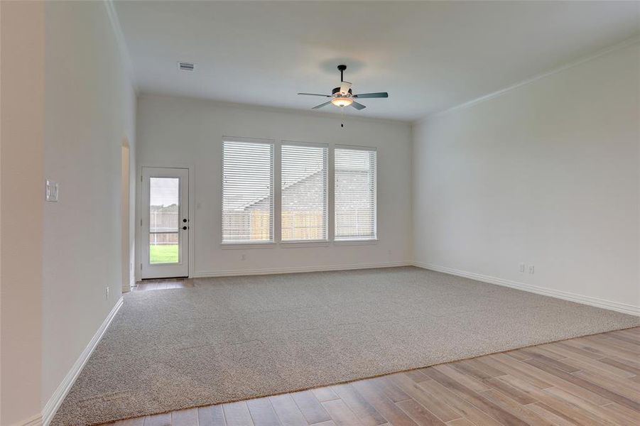 Unfurnished room with ceiling fan and light hardwood / wood-style flooring