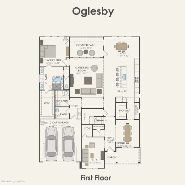 2D floor plan layout for the Oglesby by Pulte Homes in Mission Hills, Garland, TX (Image 3).