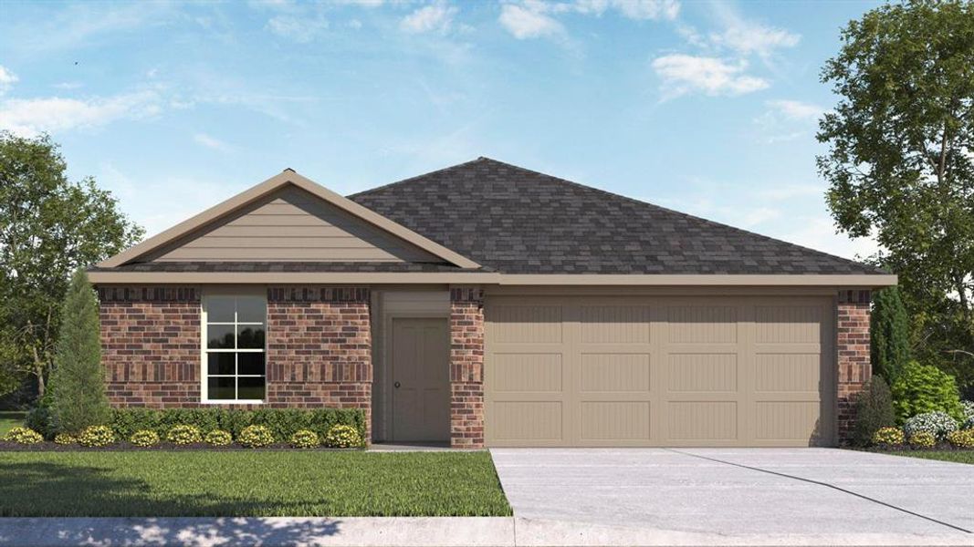 Single story home featuring concrete driveway, an attached garage, brick siding, a shingled roof, and a front lawn Single story home featuring concrete driveway, an attached garage, brick siding, a shingled roof, and a front lawn