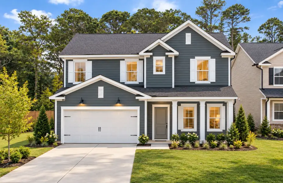 Front exterior of a new home in Solana, Durham, NC, highlighting curb appeal (Image 1). Front exterior of a new home in Solana, Durham, NC, highlighting curb appeal (Image 1).