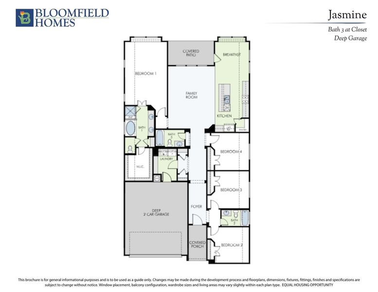 Bloomfield Homes Jasmine floor plan with four bedrooms, family room, kitchen, and deep two-car garage.