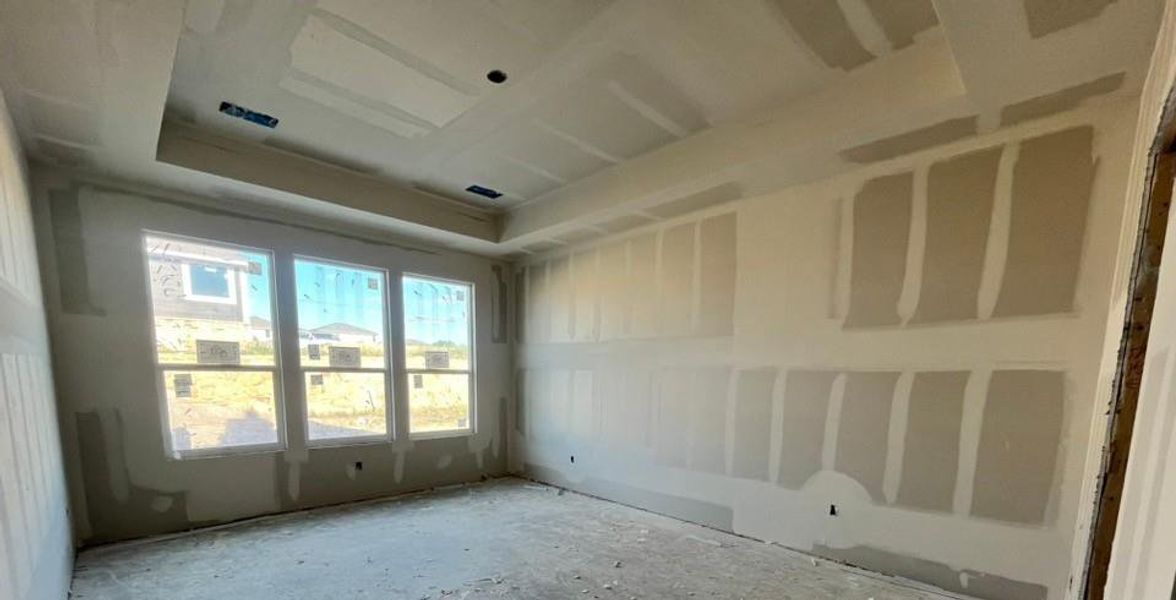 Spacious room featuring a tiered tray ceiling and triple windows providing ample natural light