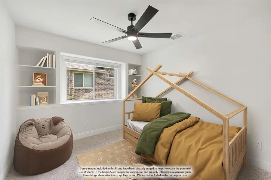 Child's bedroom with wood house-frame bed, built-in shelves, ceiling fan, and bean bag chair