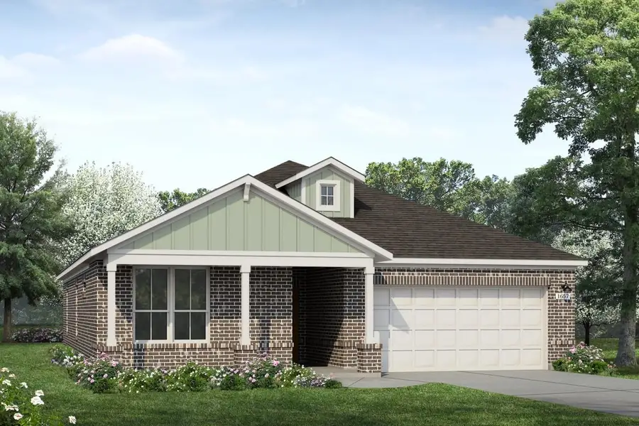 Rendering of one story home with green board and batten, light accents and garage, and dark brick, as well as driveway, and landscaping Rendering of one story home with green board and batten, light accents and garage, and dark brick, as well as driveway, and landscaping