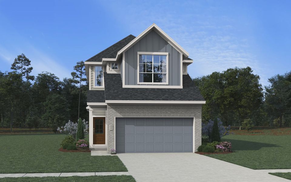 Representative exterior photo of a completed home built from the Calais by Chesmar Homes in Meridiana Chateau, Iowa Colony, TX (Image 3). Representative exterior photo of a completed home built from the Calais by Chesmar Homes in Meridiana Chateau, Iowa Colony, TX (Image 3).