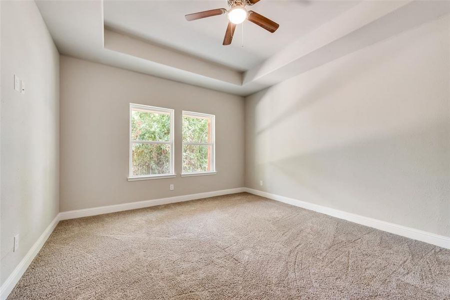 Unfurnished room with carpet, a tray ceiling, and ceiling fan