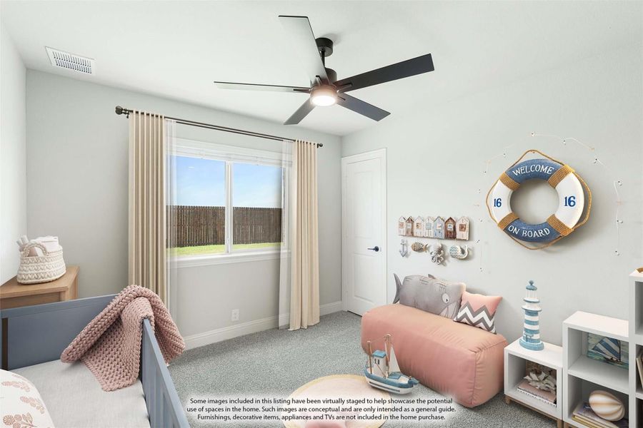 Children's bedroom with gray carpet, ceiling fan, and nautical-themed decor including a life preserver wall decoration