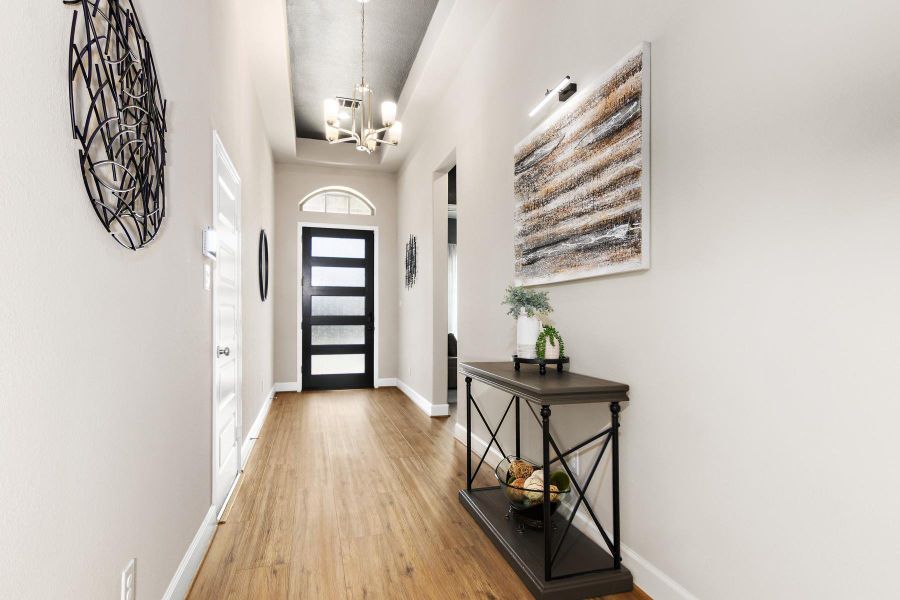 Bright and inviting hallway featuring wood flooring, modern decor, and a stylish light fixture. The space is enhanced by a contemporary front door and tasteful wall art, creating a welcoming entryway.