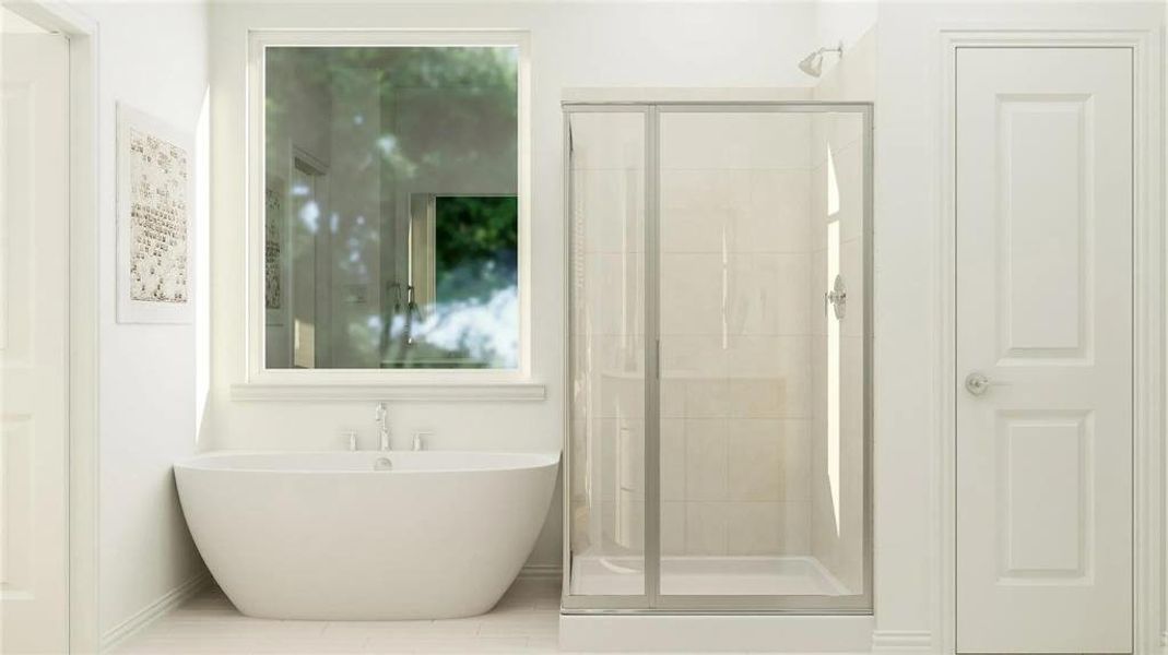 Modern bathroom featuring a freestanding soaking tub, a large window, a glass-enclosed shower, white tile flooring, and a paneled interior door Modern bathroom featuring a freestanding soaking tub, a large window, a glass-enclosed shower, white tile flooring, and a paneled interior door