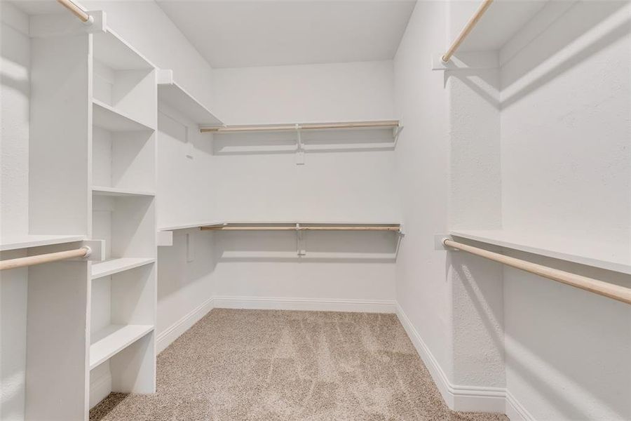 Walk in closet featuring light carpet