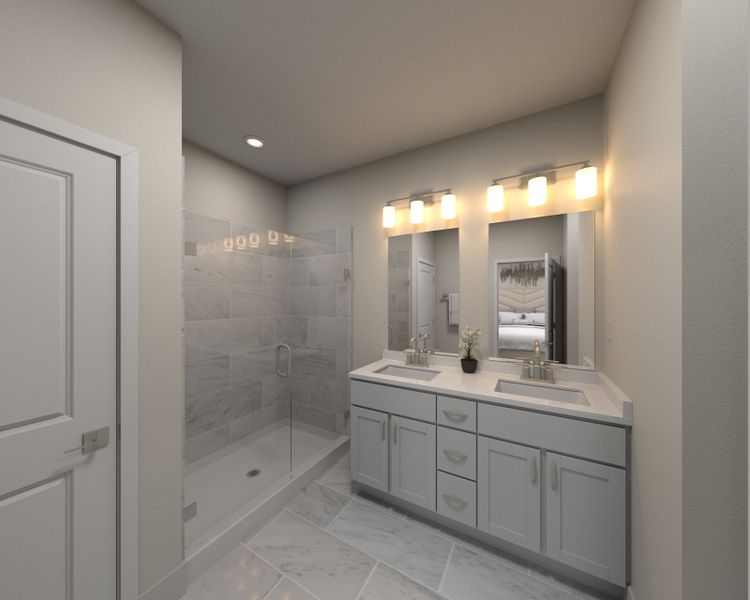 The primary bathroom offers dual vanity sinks and a walk-in closet.