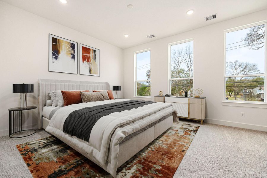 Welcome to your serene retreat! This luxurious primary suite welcomes you with plush carpeting, soaring ceilings, and oversized windows that bathe the space in natural light. The expansive layout offers plenty of room for a cozy seating area, creating the perfect spot to unwind. Elegant and inviting, this stunning bedroom is designed for ultimate comfort and relaxation—a true sanctuary to come home to! Welcome to your serene retreat! This luxurious primary suite welcomes you with plush carpeting, soaring ceilings, and oversized windows that bathe the space in natural light. The expansive layout offers plenty of room for a cozy seating area, creating the perfect spot to unwind. Elegant and inviting, this stunning bedroom is designed for ultimate comfort and relaxation—a true sanctuary to come home to!