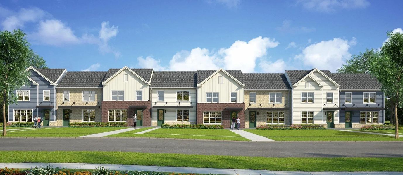 View of front of home featuring board and batten siding, a residential view, brick siding, and a front lawn