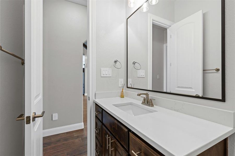 Bathroom featuring dark wood-style floors and vanity Bathroom featuring dark wood-style floors and vanity
