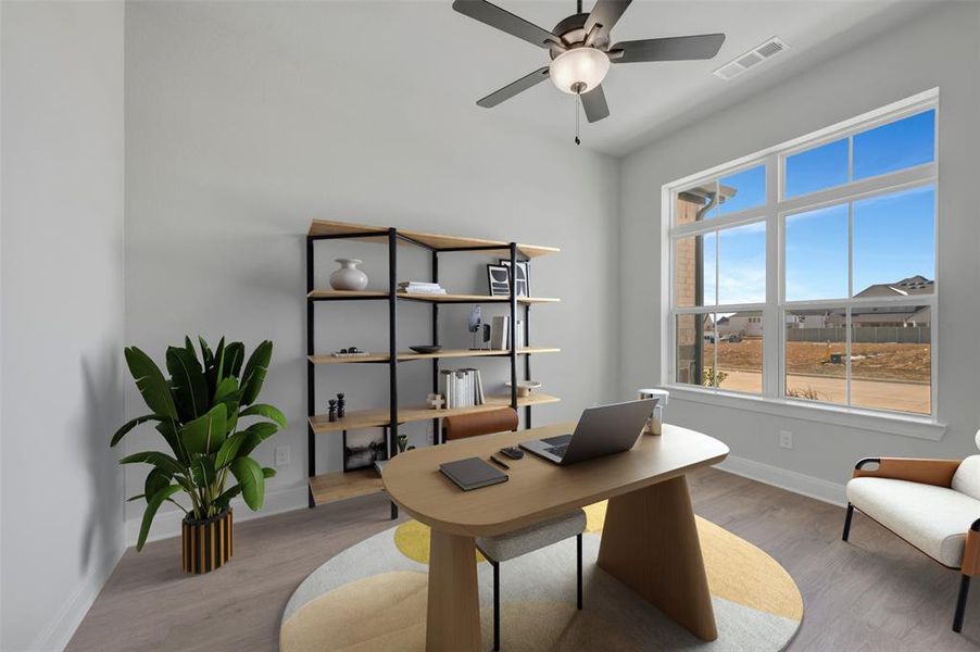 Office space featuring wood finished floors and a ceiling fan