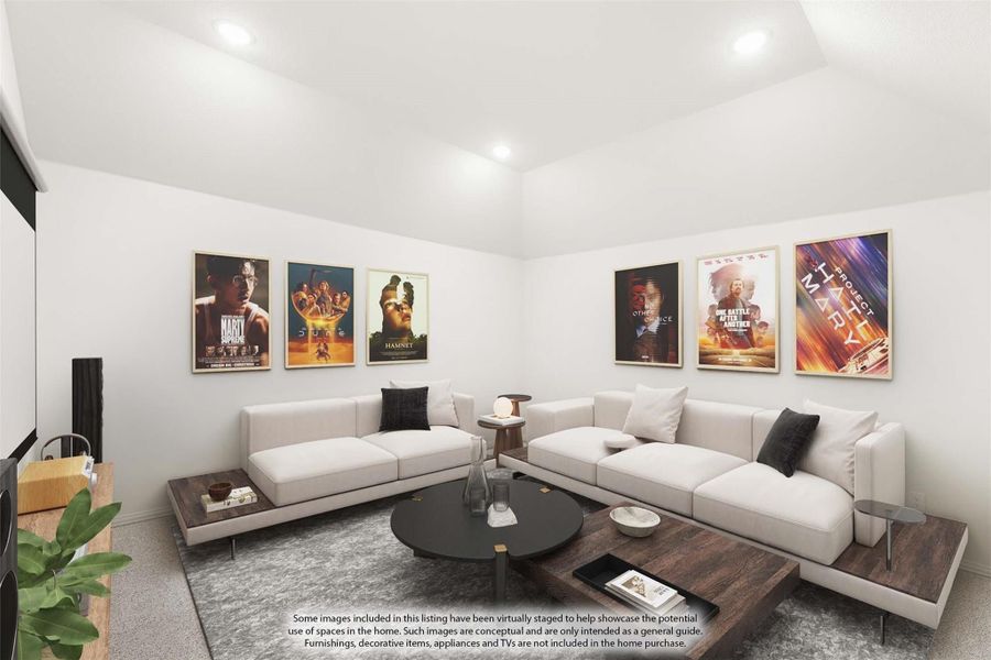 Home theater room with white sectional sofa, projection screen, and movie posters on the walls