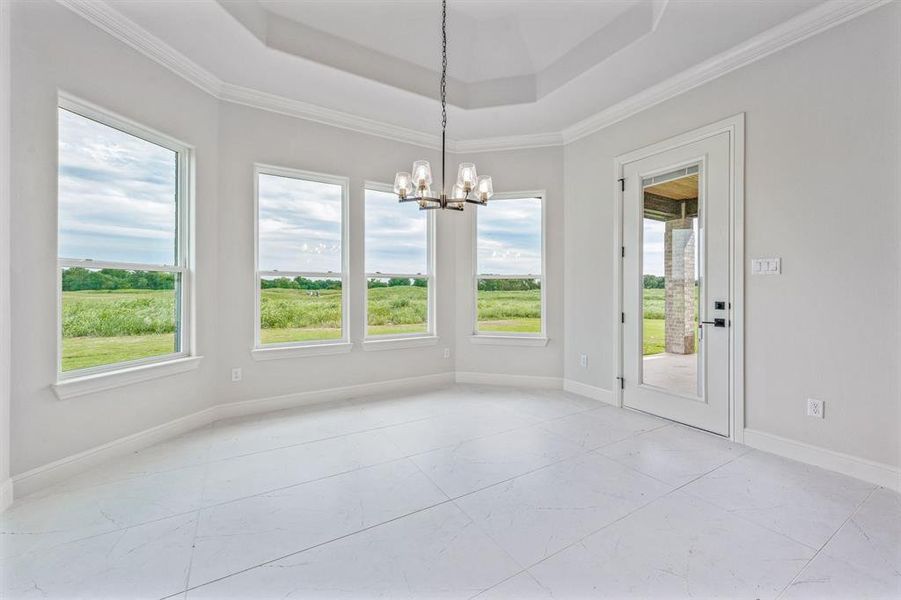 Unfurnished dining area with healthy amount of natural light, a chandelier, a tray ceiling, baseboards, and ornamental molding