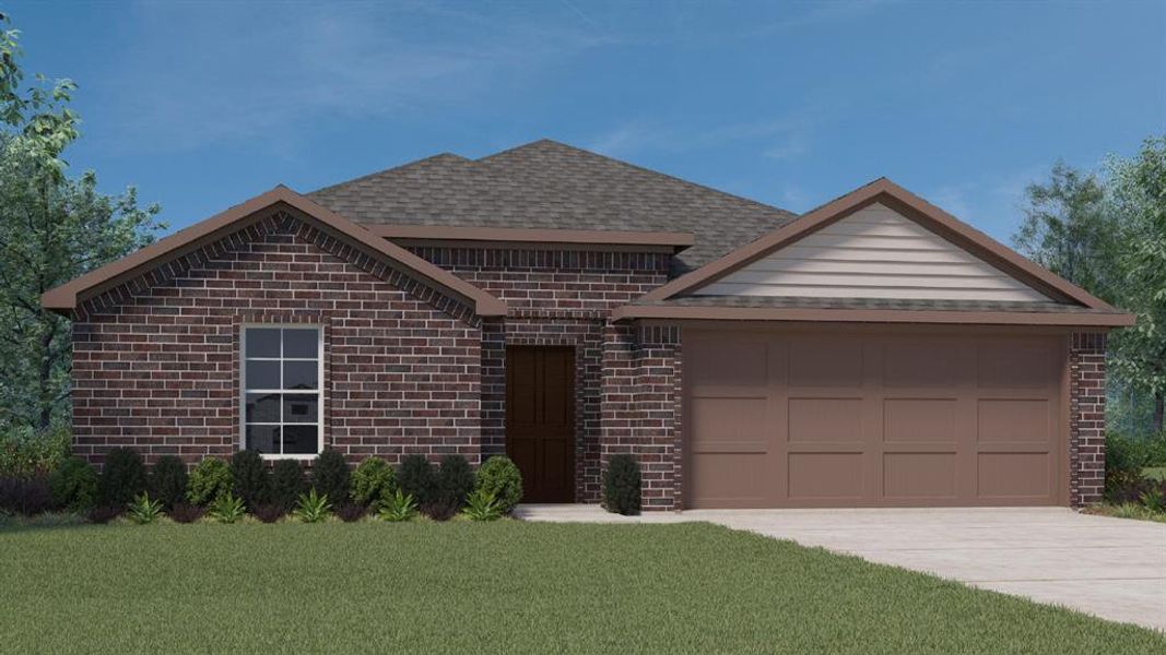 View of front facade with brick siding, a garage, a front lawn, a shingled roof, and driveway View of front facade with brick siding, a garage, a front lawn, a shingled roof, and driveway