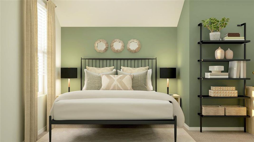 Bedroom featuring carpet floors and lofted ceiling