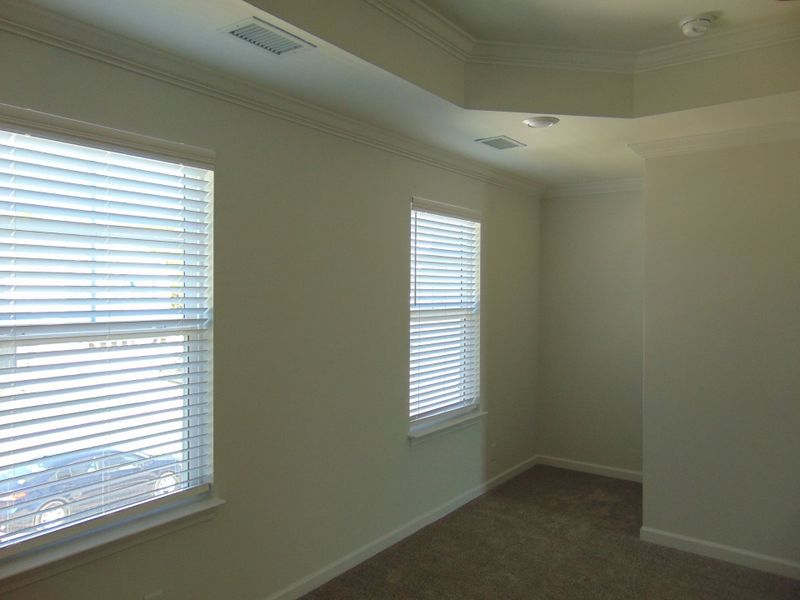 The primary bedroom is on the second floor, and has tray ceilings