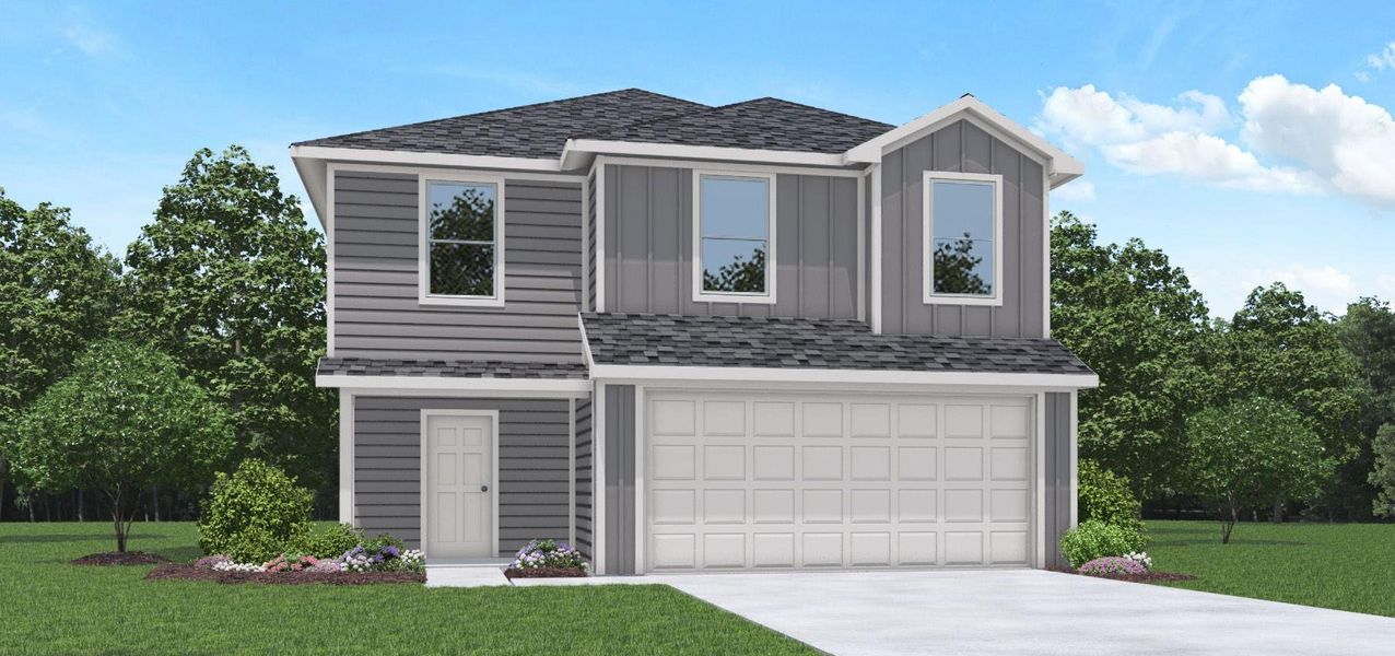 Front exterior of a new home in The Canopies, Splendora, TX, highlighting curb appeal (Image 1). Front exterior of a new home in The Canopies, Splendora, TX, highlighting curb appeal (Image 1).