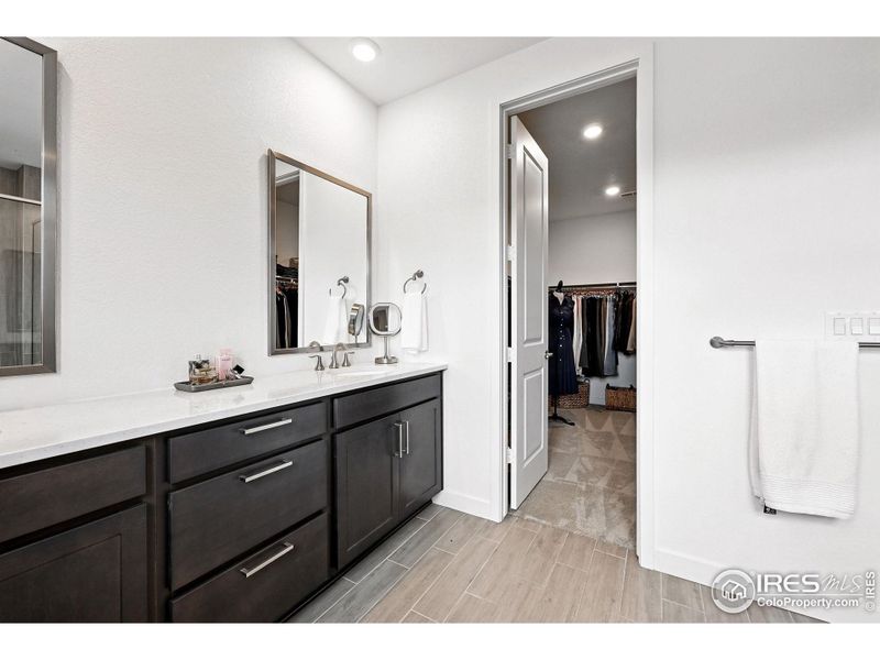 Primary double sink area with large walk-in closet