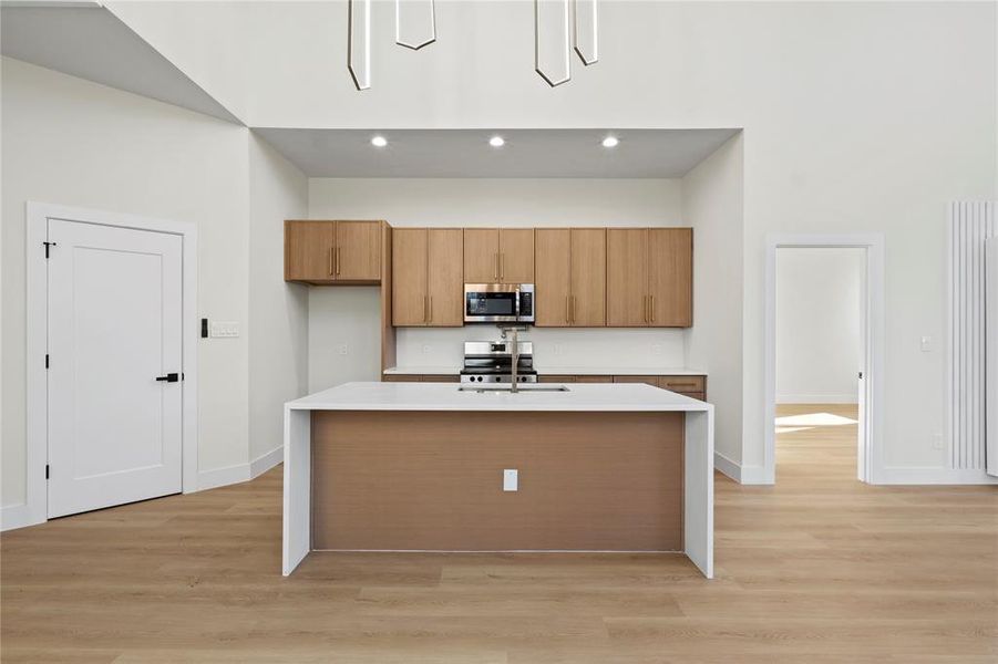 Kitchen featuring stainless steel appliances, light wood-style flooring, light countertops, and a kitchen island with sink