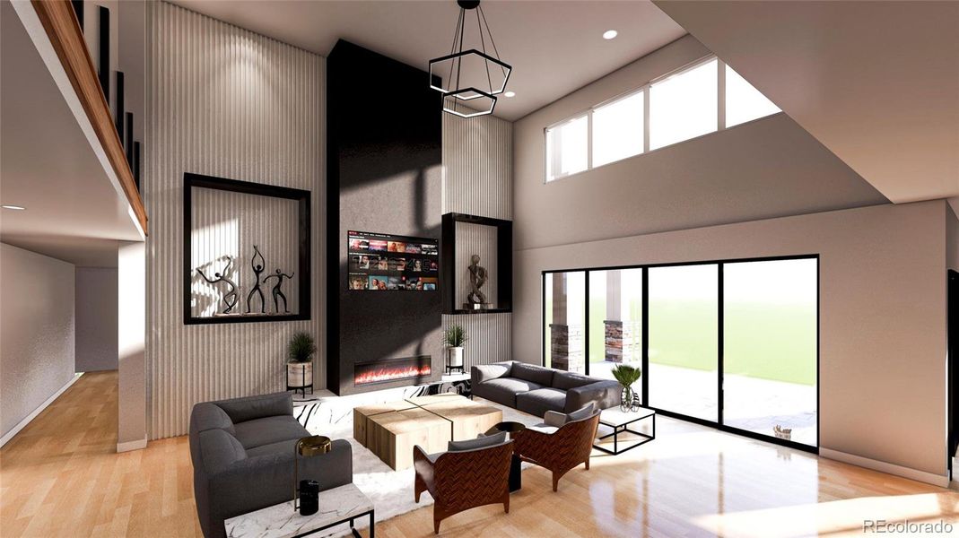 Incredible living space with floor to ceiling fireplace